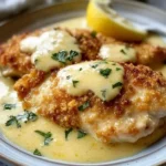 Lemon Pecorino Crusted Chicken served with a creamy lemon sauce on a plate.