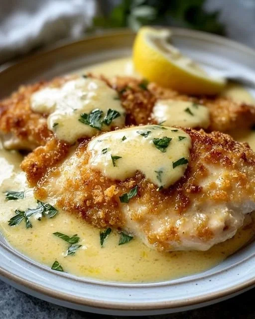 Lemon Pecorino Crusted Chicken served with a creamy lemon sauce on a plate.