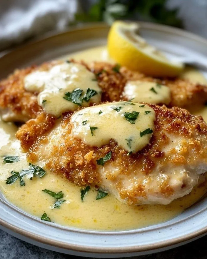 Lemon Pecorino Crusted Chicken with Creamy Lemon Sauce on a plate
