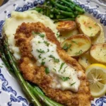 Lemon Zest Chicken Cutlets garnished with fresh herbs and lemon slices