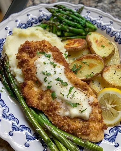 Lemon Zest Chicken Cutlets garnished with fresh herbs and lemon slices