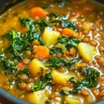 Bowl of flavorful Lentil Kale Soup garnished with fresh herbs.