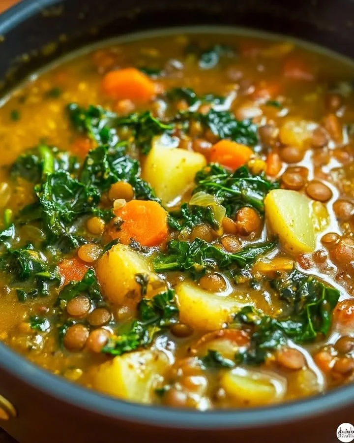 Bowl of flavorful Lentil Kale Soup garnished with fresh herbs.