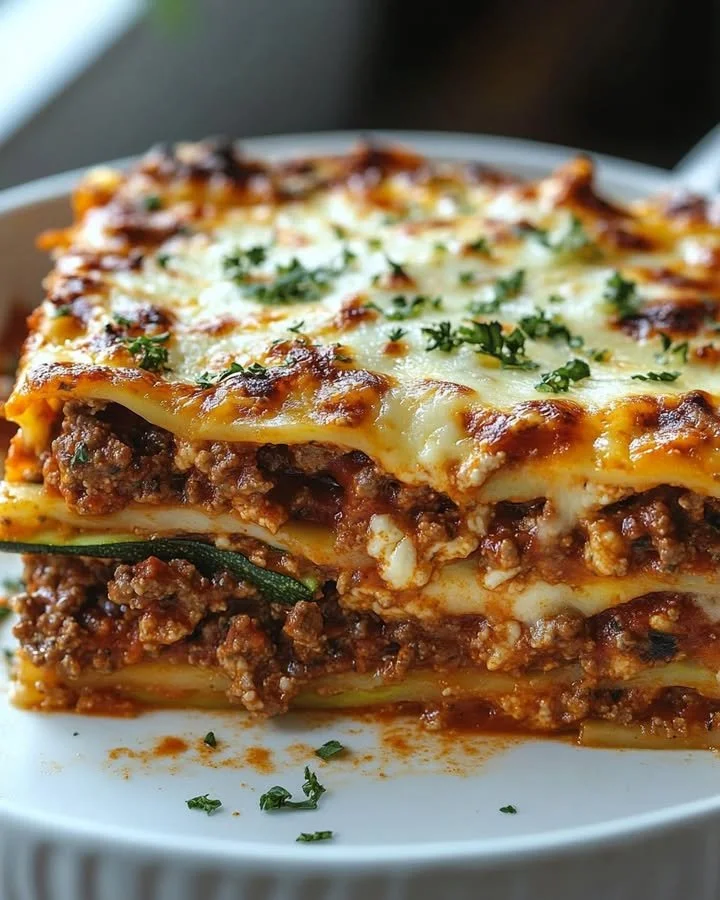 Low-carb zucchini lasagna with layers of zucchini, ricotta, and marinara sauce