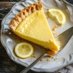 A slice of luscious lemon butter pie topped with whipped cream and lemon zest.