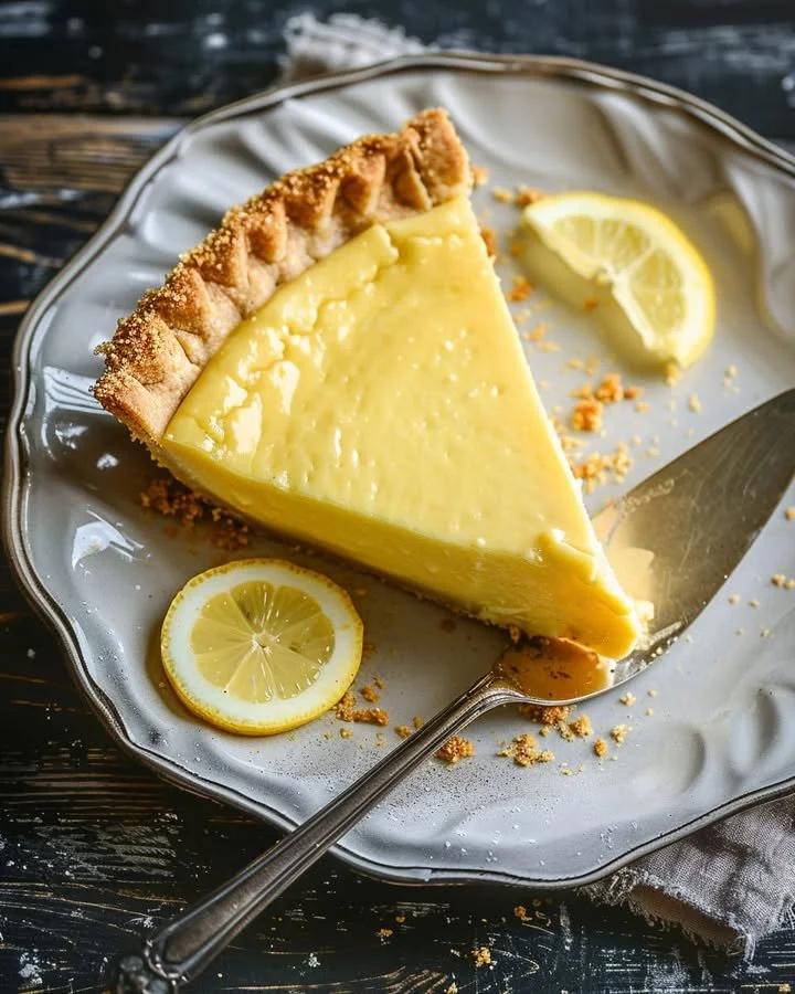 A slice of luscious lemon butter pie topped with whipped cream and lemon zest.