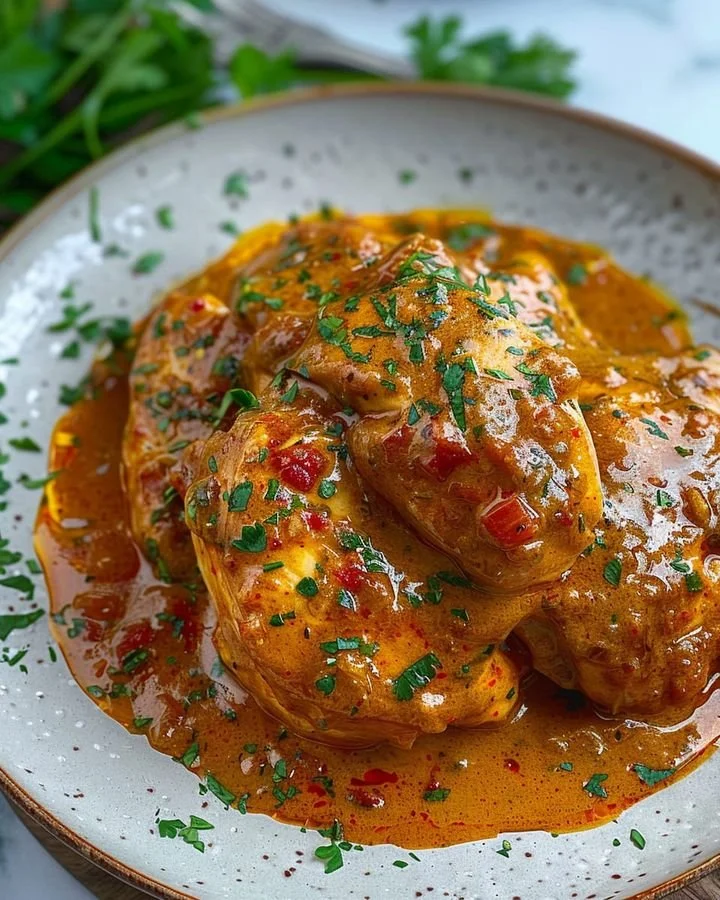 Luscious Paprika Cream Chicken served with a side of vegetables
