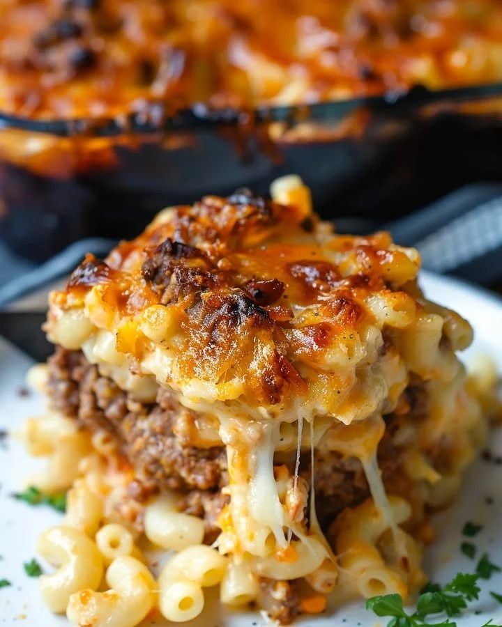 Delicious Mac and Cheese Meatloaf Casserole served in a baking dish