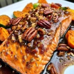 Delicious Maple Bacon Pecan Salmon served with fresh herbs.