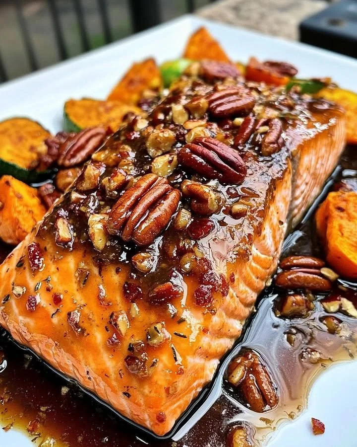 Delicious Maple Bacon Pecan Salmon served with fresh herbs.