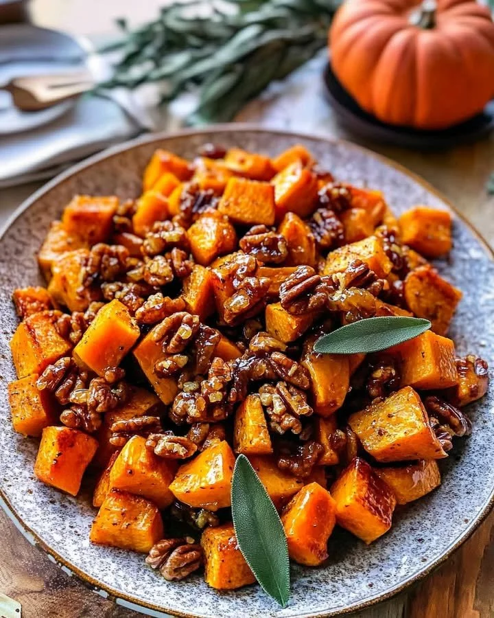 Delicious maple butternut squash dish garnished with herbs