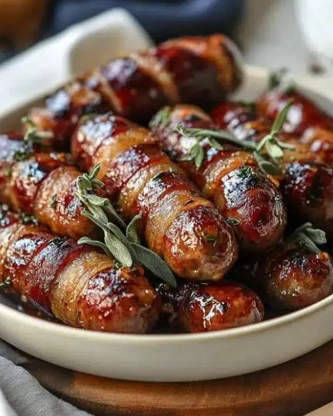 Maple-glazed bacon sausage bites served on a platter