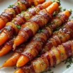 Maple-glazed bacon-wrapped carrots on a serving platter, garnished with herbs.