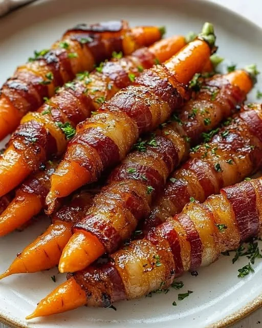 Maple-glazed bacon-wrapped carrots on a serving platter, garnished with herbs.