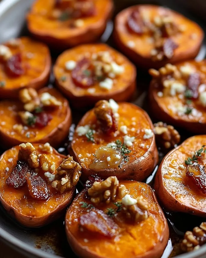 Maple-glazed sweet potatoes with bacon, walnuts, and feta in a serving dish.