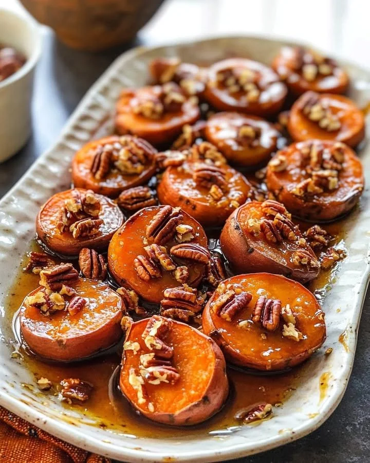 Maple-Pecan Sweet Potato dish with pecans and syrup topping