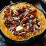 Maple Roasted Acorn Squash with bacon, pecans, and feta cheese on a serving plate