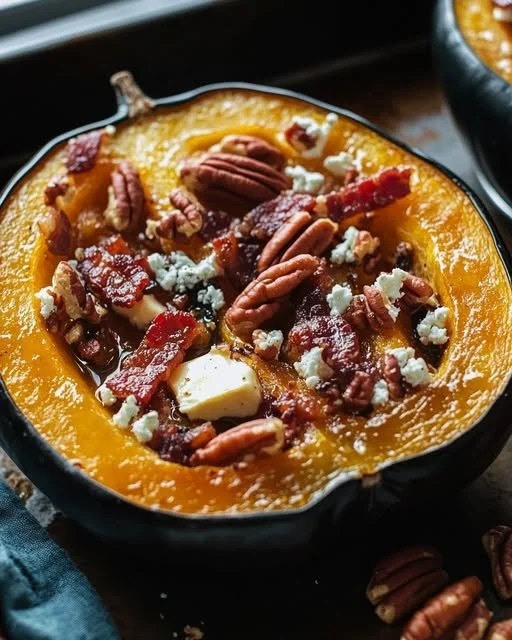 Maple Roasted Acorn Squash with bacon, pecans, and feta cheese on a serving plate