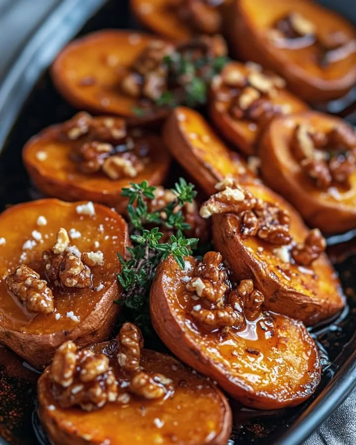 Maple Roasted Sweet Potatoes topped with walnuts and thyme in a serving dish.