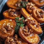 Maple roasted sweet potatoes with walnuts and thyme on a serving platter