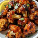 Roasted Maple Sriracha Cauliflower served on a plate garnished with herbs.