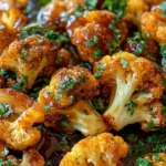 Delicious Maple Sriracha Roasted Cauliflower dish garnished with fresh herbs