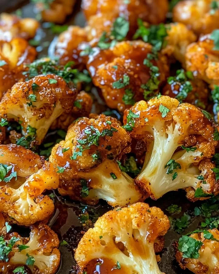 Delicious Maple Sriracha Roasted Cauliflower dish garnished with fresh herbs