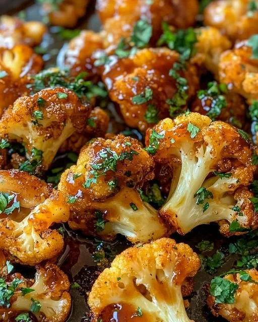Maple Sriracha Cauliflower roasted with sweet and spicy glaze