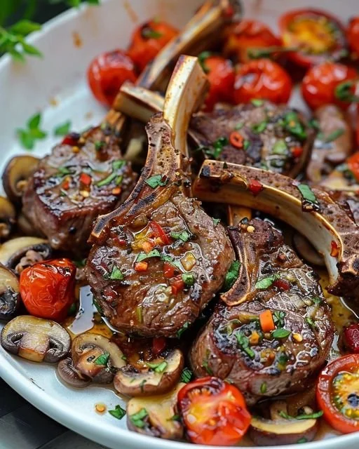 Marinated Greek lamb chops served with mushrooms and tomatoes on a plate
