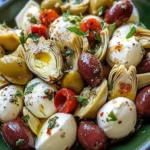 Delicious marinated mozzarella platter with artichokes and olives for appetizer.