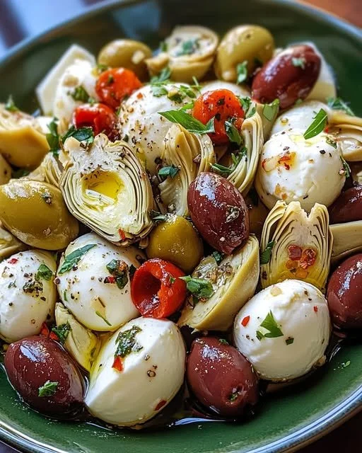 Delicious marinated mozzarella platter with artichokes and olives for appetizer.