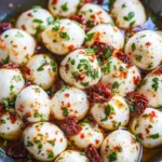 Marinated mozzarella balls with fresh herbs and sun-dried tomatoes in a bowl.