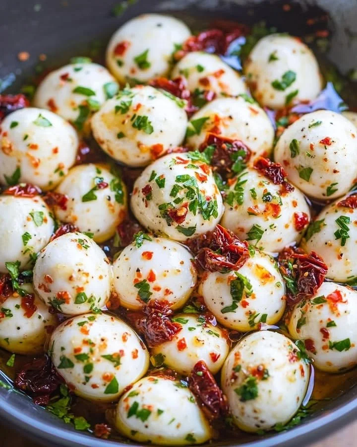 Marinated mozzarella balls with fresh herbs and sun-dried tomatoes in a bowl.