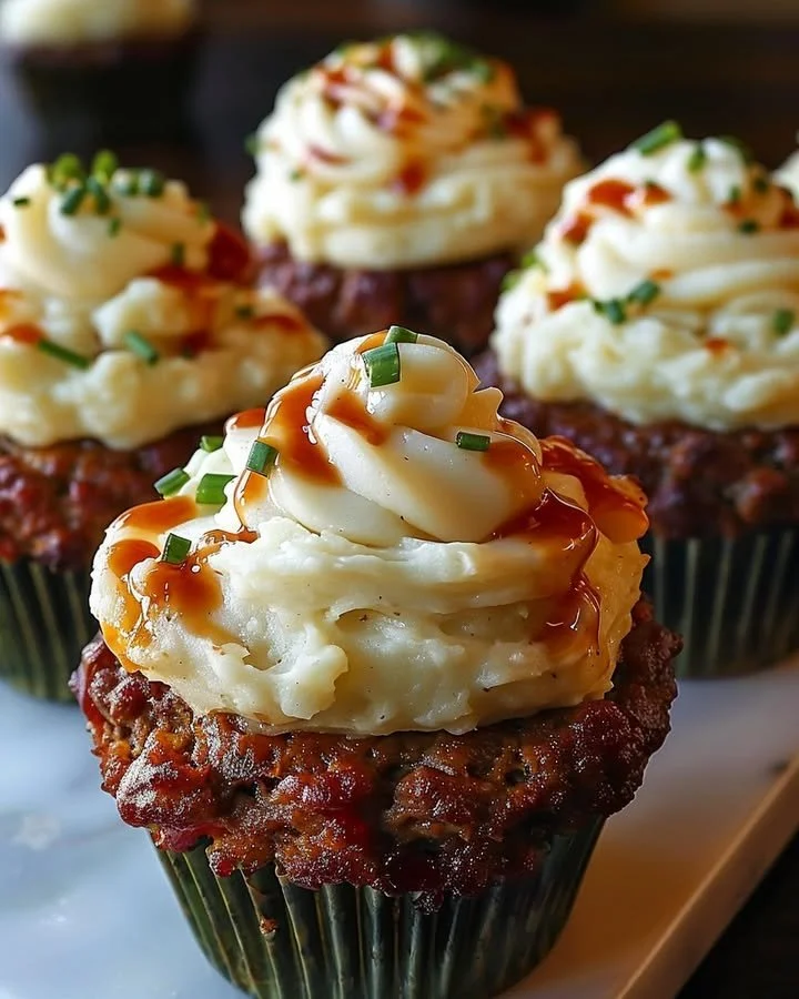 Meatloaf cupcakes with whipped potato topping served on a white plate