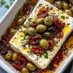Mediterranean baked feta with olives and sun-dried tomatoes on a plate.