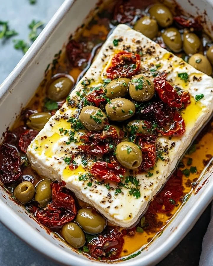Mediterranean baked feta with olives and sun-dried tomatoes on a plate.