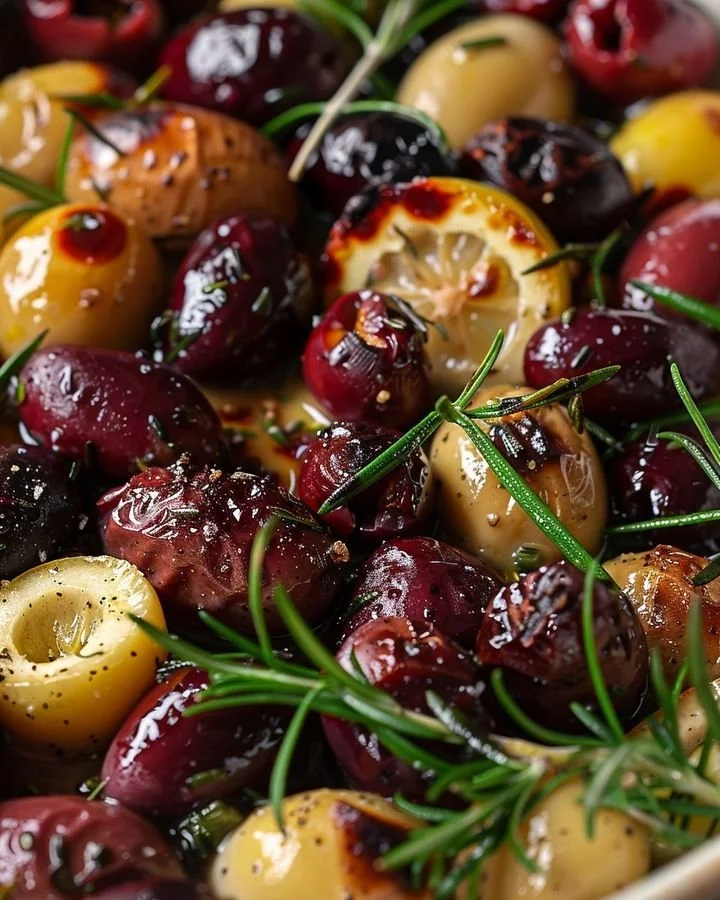 Mediterranean baked olives served in a rustic dish with herbs.