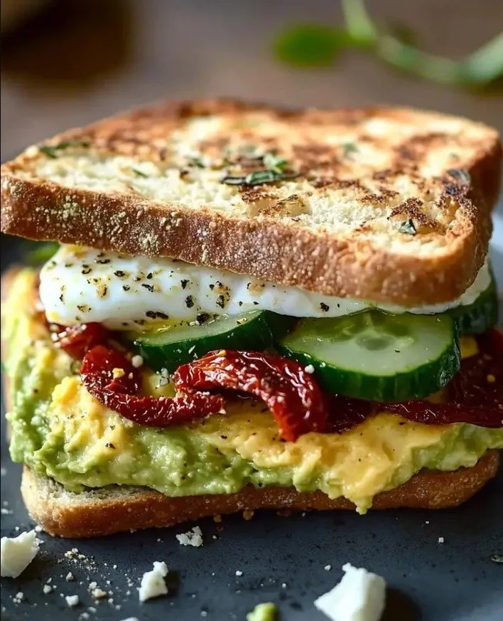 Delicious Mediterranean breakfast sandwich with fresh vegetables and herbs.