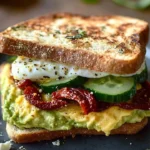 Delicious Mediterranean breakfast sandwich featuring vegetables and feta cheese.