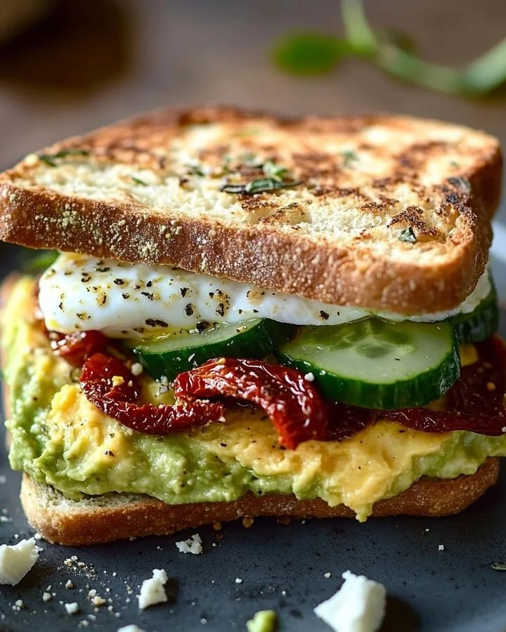 Delicious Mediterranean breakfast sandwich featuring vegetables and feta cheese.
