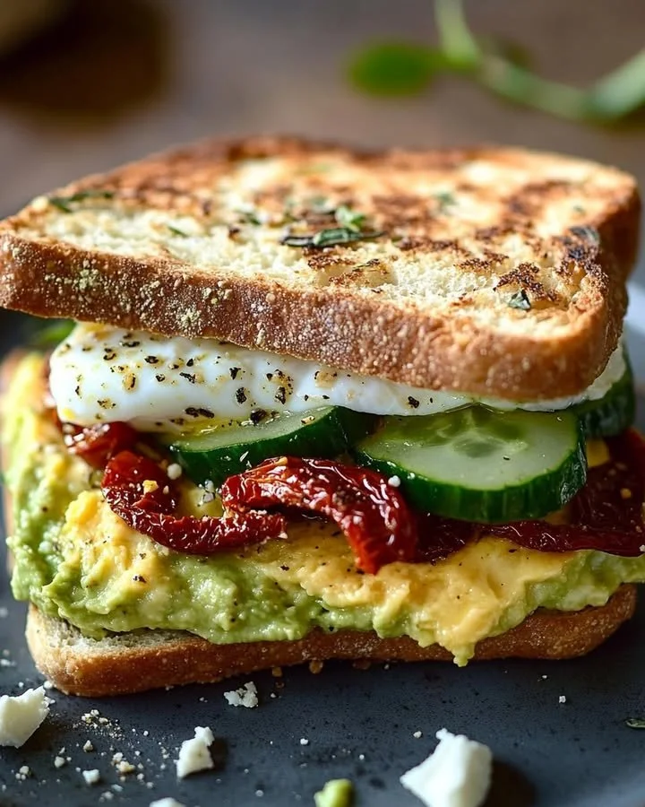 Mediterranean Breakfast Sandwich with fresh veggies and feta cheese