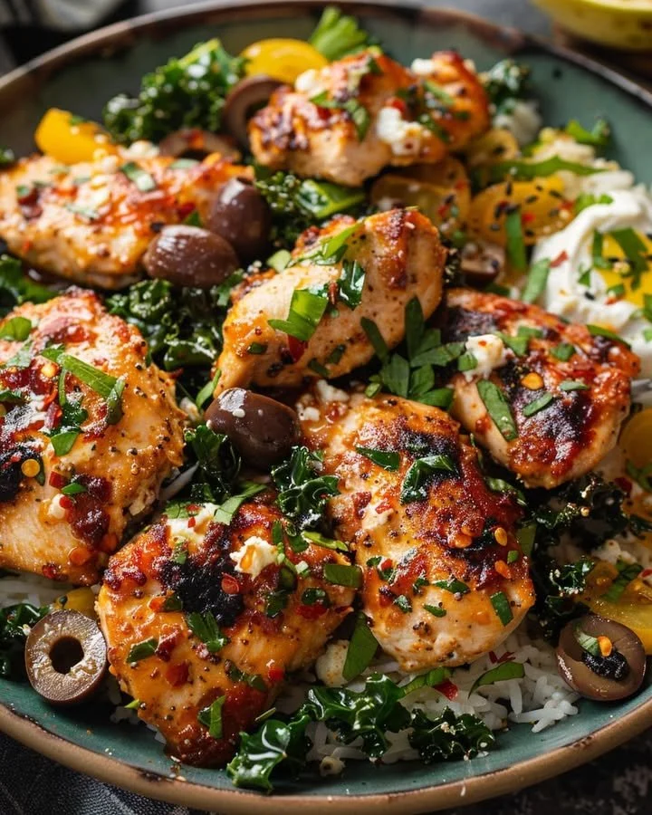 Mediterranean Chicken and Kale Bowl with colorful vegetables and herbs