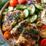 Mediterranean chicken rice bowl with fresh vegetables and spices
