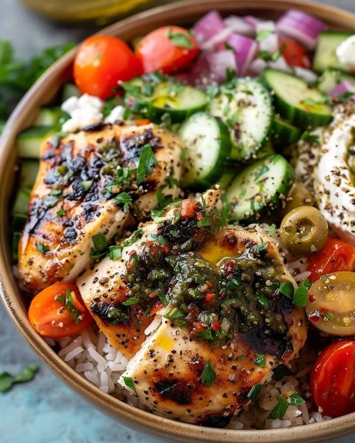 Mediterranean chicken rice bowl with fresh vegetables and spices
