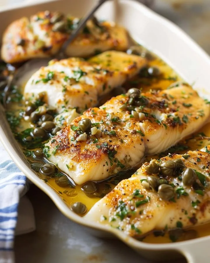 Mediterranean lemon-caper crusted cod fillets on a plate