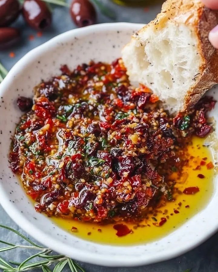Mediterranean olive oil dip served with fresh bread and herbs