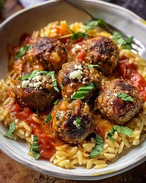 Mediterranean Orzo Meatball Skillet featuring savory meatballs and orzo pasta