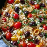 Healthy Mediterranean Orzo Salad with fresh vegetables and herbs