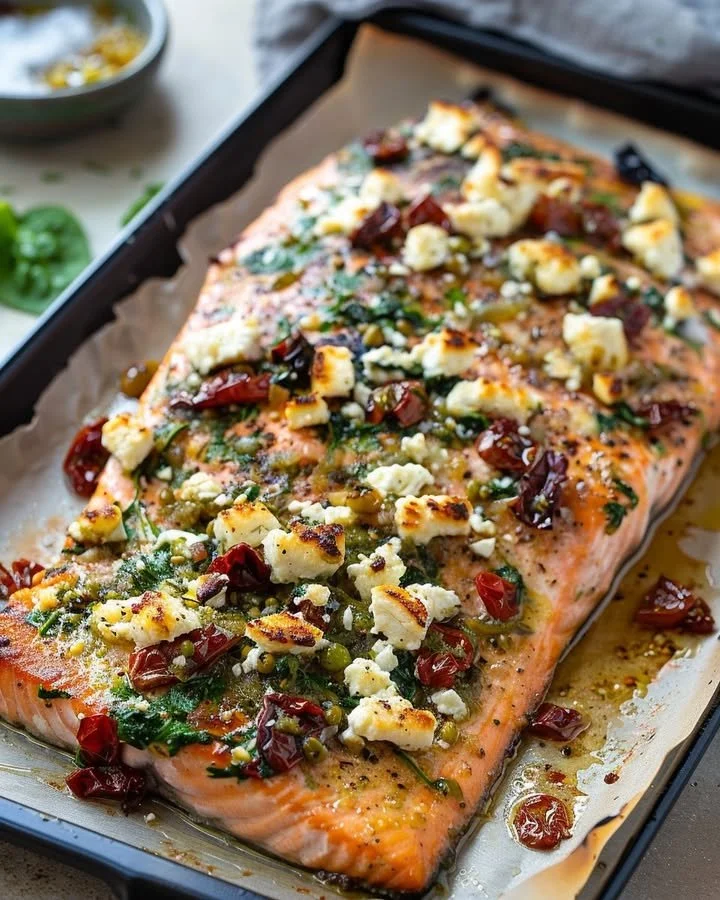Mediterranean Salmon Bake with fresh vegetables and herbs on a baking tray