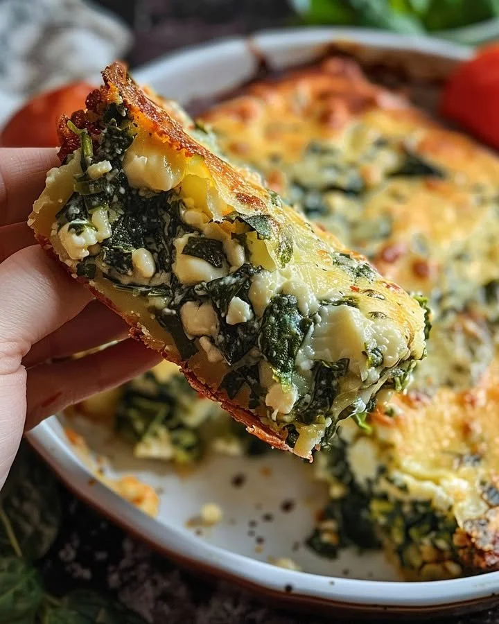 Mediterranean spinach feta bake served in a rustic dish